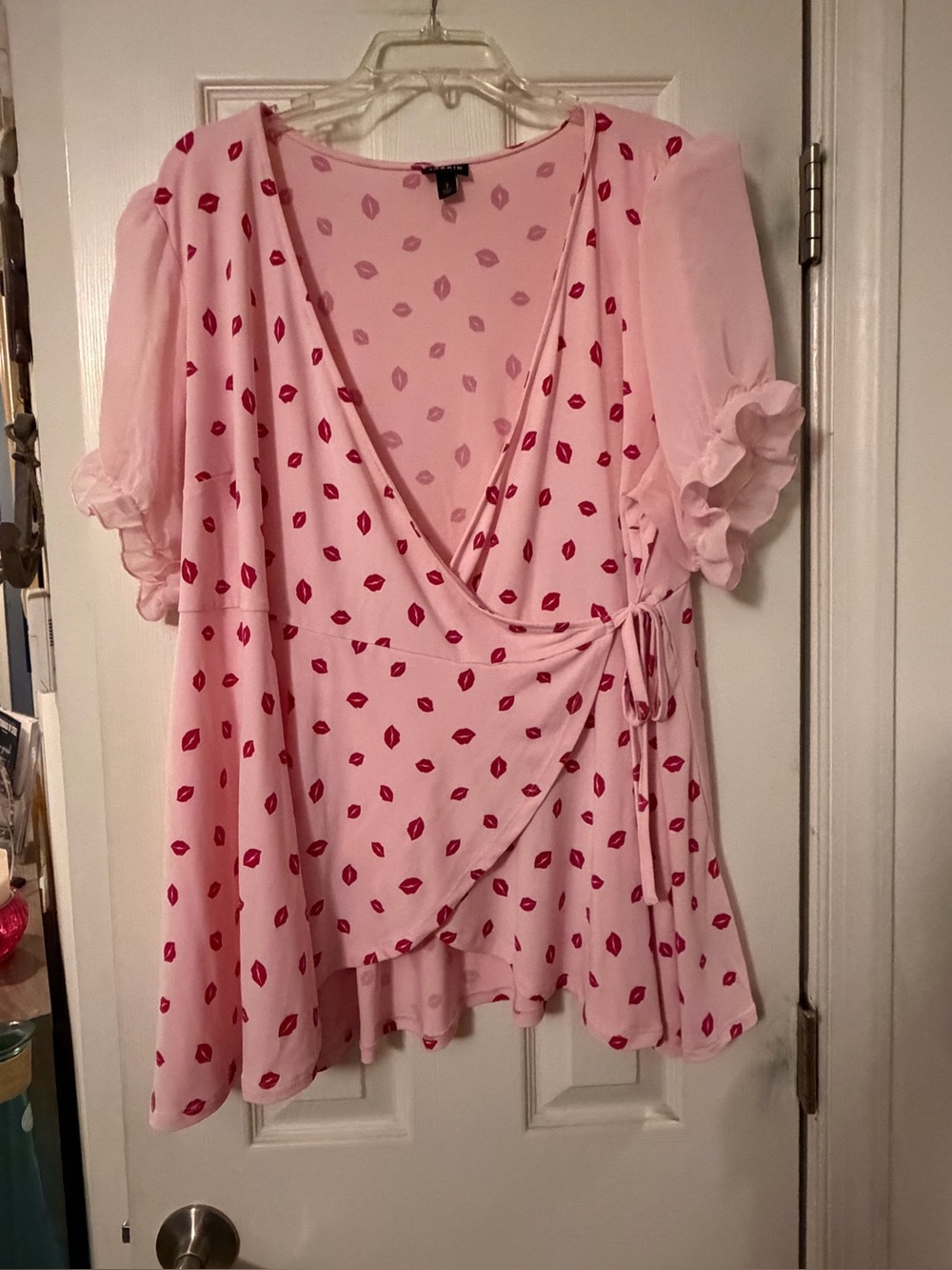 Torrid Pink Wrap Blouse with Red Lip Print